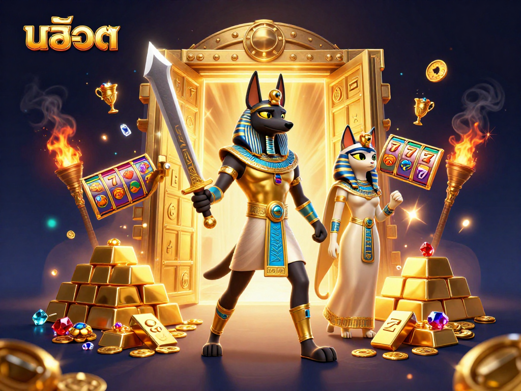 Spin the reels of สล็อต as Anubis and Bastet unveil treasures in a magical scene.