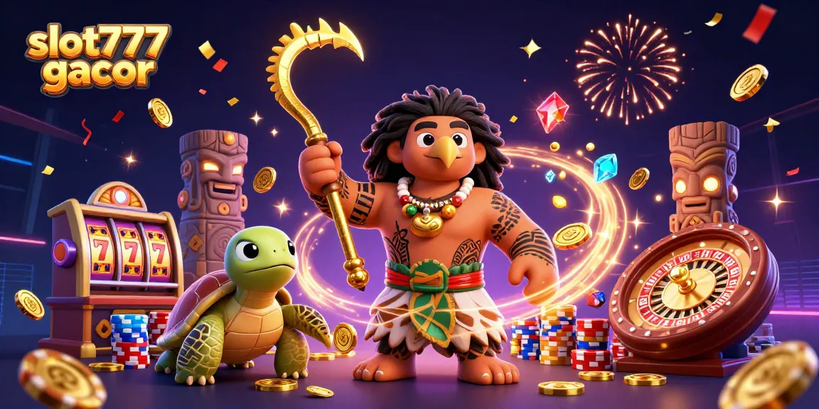 Engage with slot777 gacor through an exciting 3D casino-themed illustration showcasing lucky games and symbols.