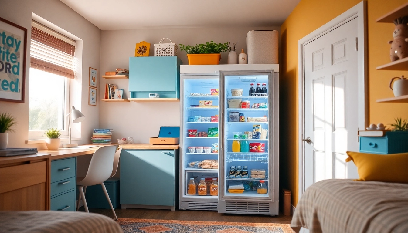 Efficient dorm room fridge filled with snacks and drinks in a cozy setting.