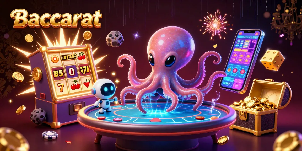 Baccarat strategy illustrated by a 3D alien octopus at a holographic poker table, showcasing vibrant casino elements.