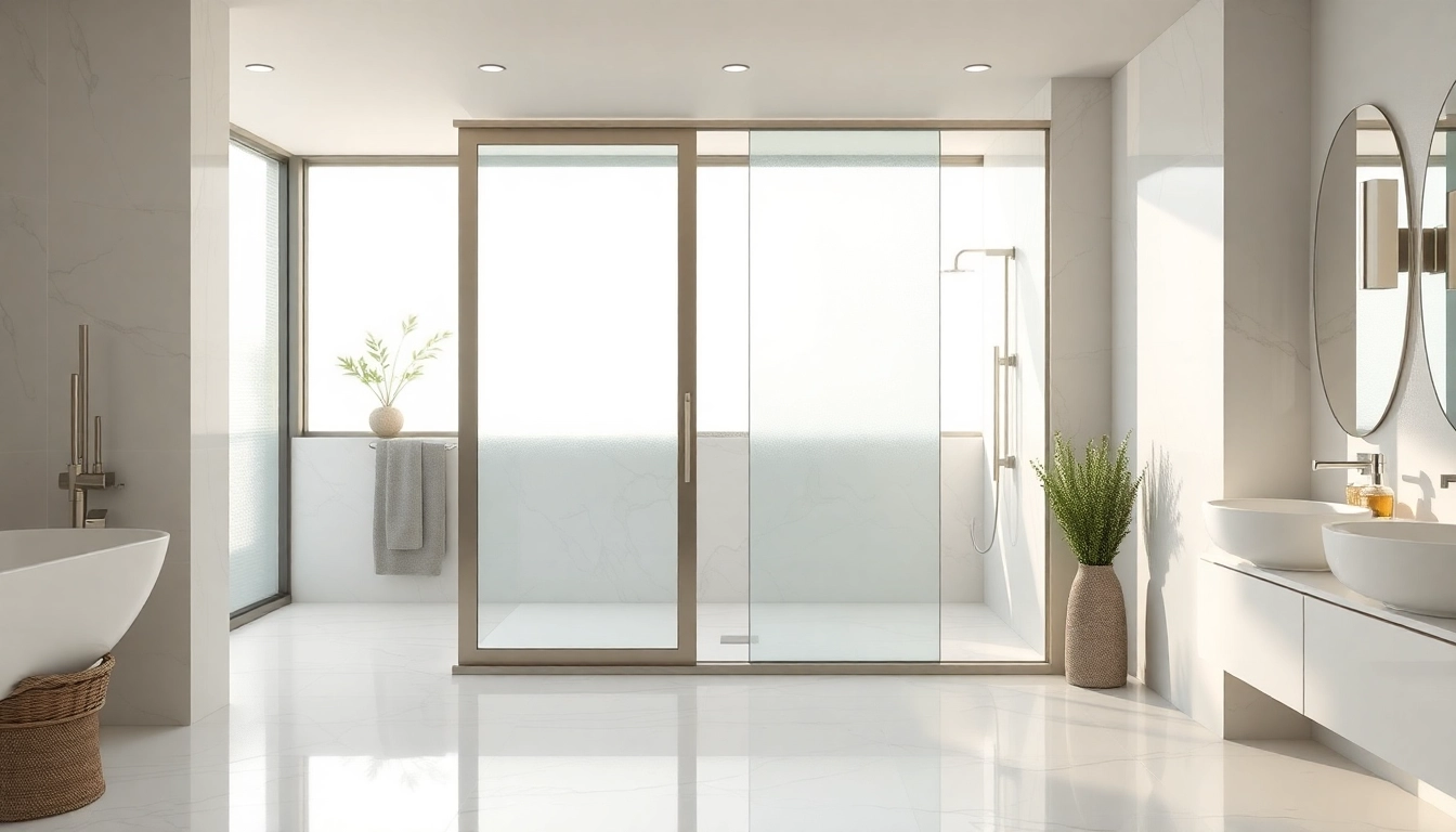 View of sleek shower sliding doors framed in a modern bathroom setting, showcasing elegance and functionality.