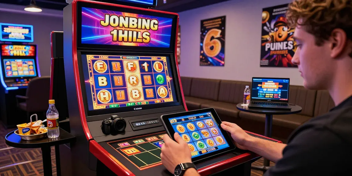 Exciting online gaming experience featuring slot depo 1000 action on a tablet amidst vibrant graphics and colorful decorations.