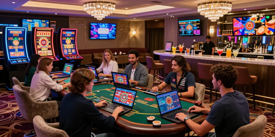 Des joueurs captivants profitant des casinos en ligne dans un salon numérique moderne avec un éclairage néon vibrant.