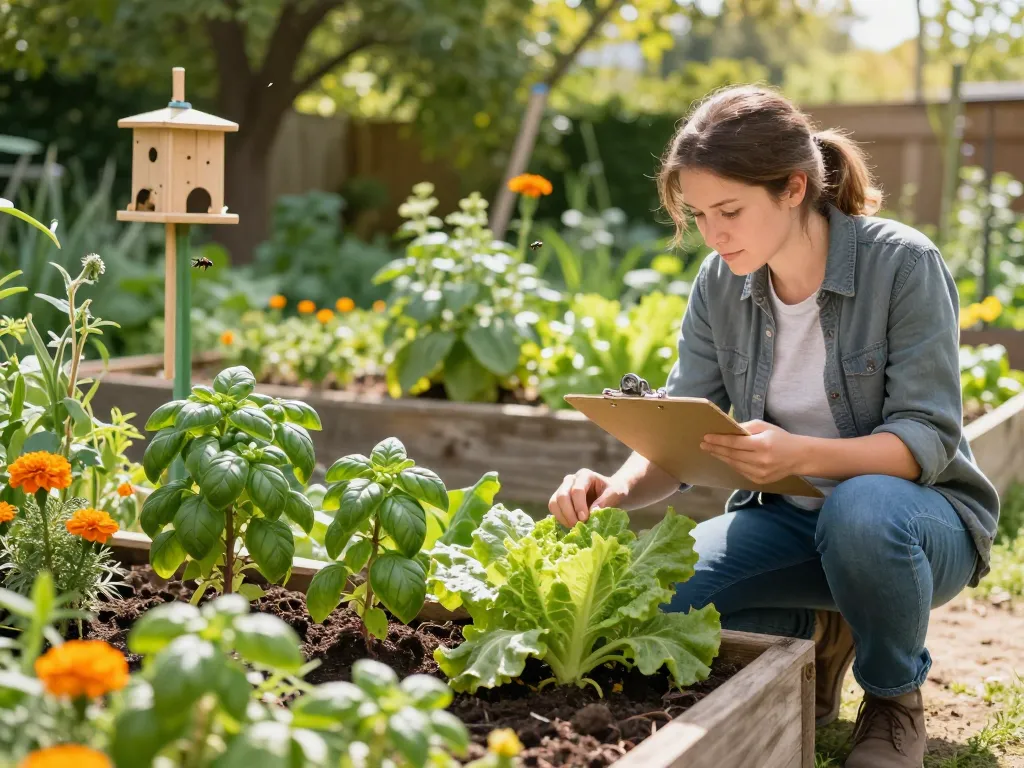 Pest prevention in action with a gardener inspecting healthy plants in a vibrant garden, surrounded by pest-repelling herbs.