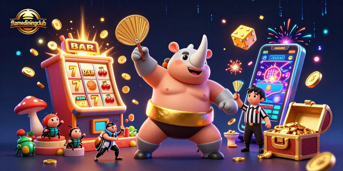 flamediningclub showcases a vibrant 3D casino scene with beetle champions and exciting slot elements bursting with energy.