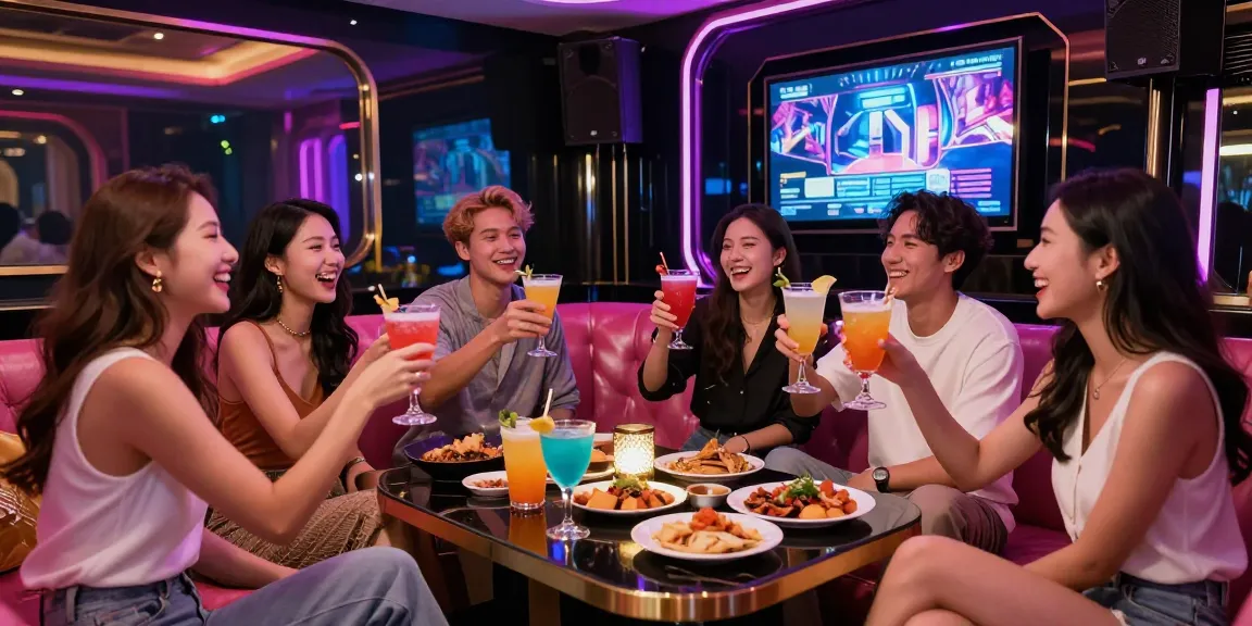 A lively group enjoying drinks and karaoke in a luxurious setting at https://www.gangnamtune.com/ showcasing Gangnam nightlife.