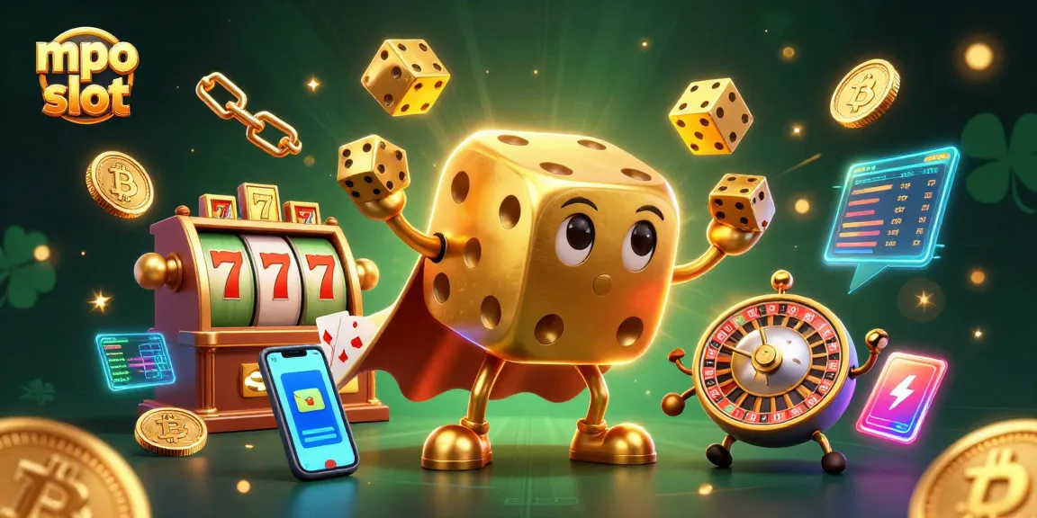 Experience thrilling gameplay with mpo slot as golden dice characters juggle amidst slot reels and vibrant casino elements.