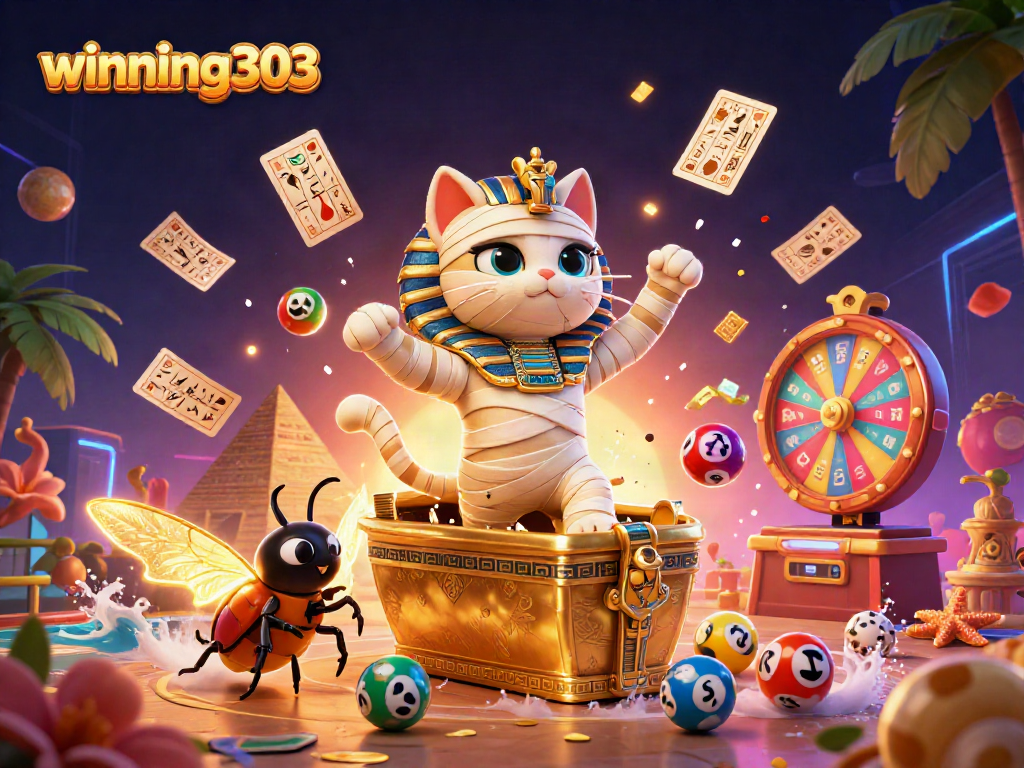 Winning303's vibrant casino scene with a mummy cat, rich gaming elements, and animated excitement