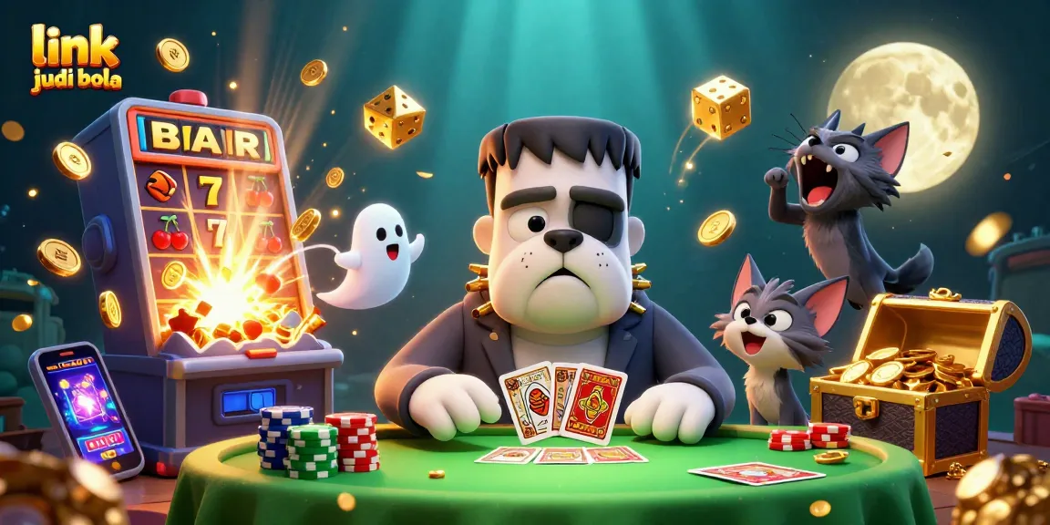 Experience thrilling action with link judi bola at the casino, featuring a Frankenstein bulldog monster dealing cards.