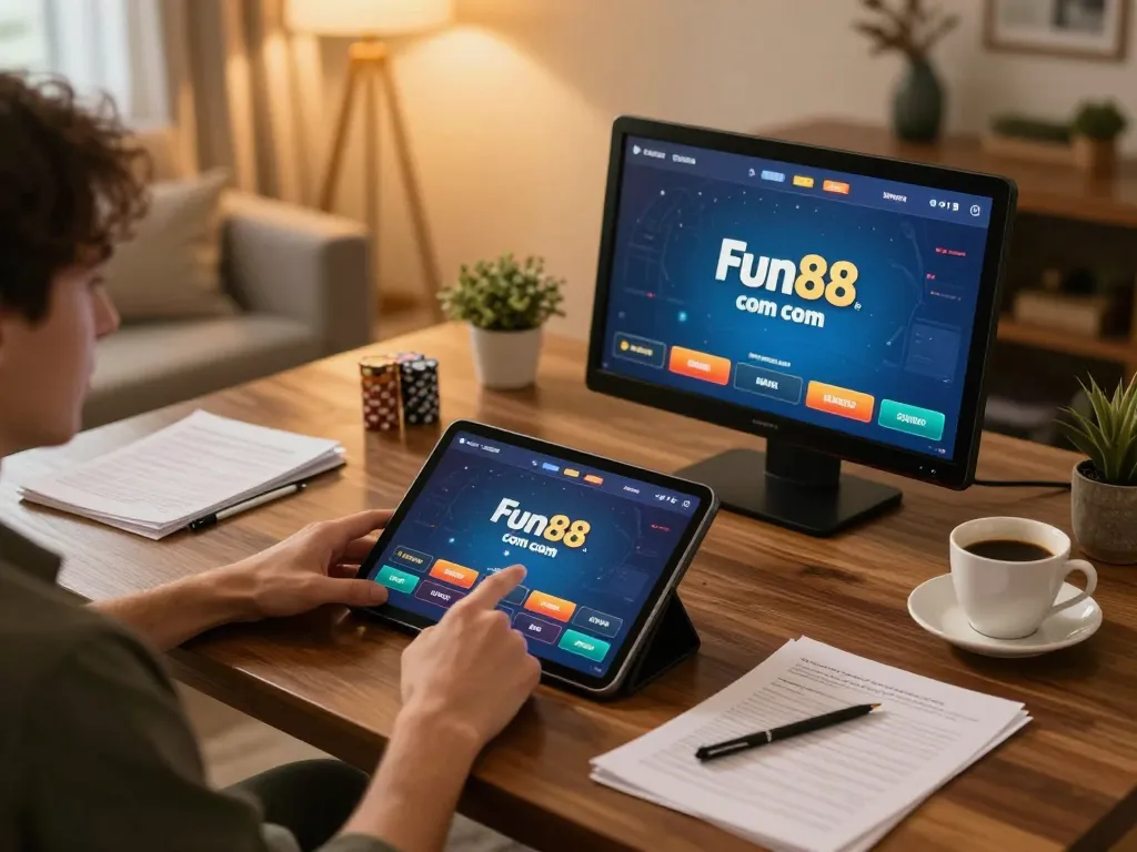 Playing poker on Fun88 com with cozy home ambiance and strategic notes, enhancing gameplay.