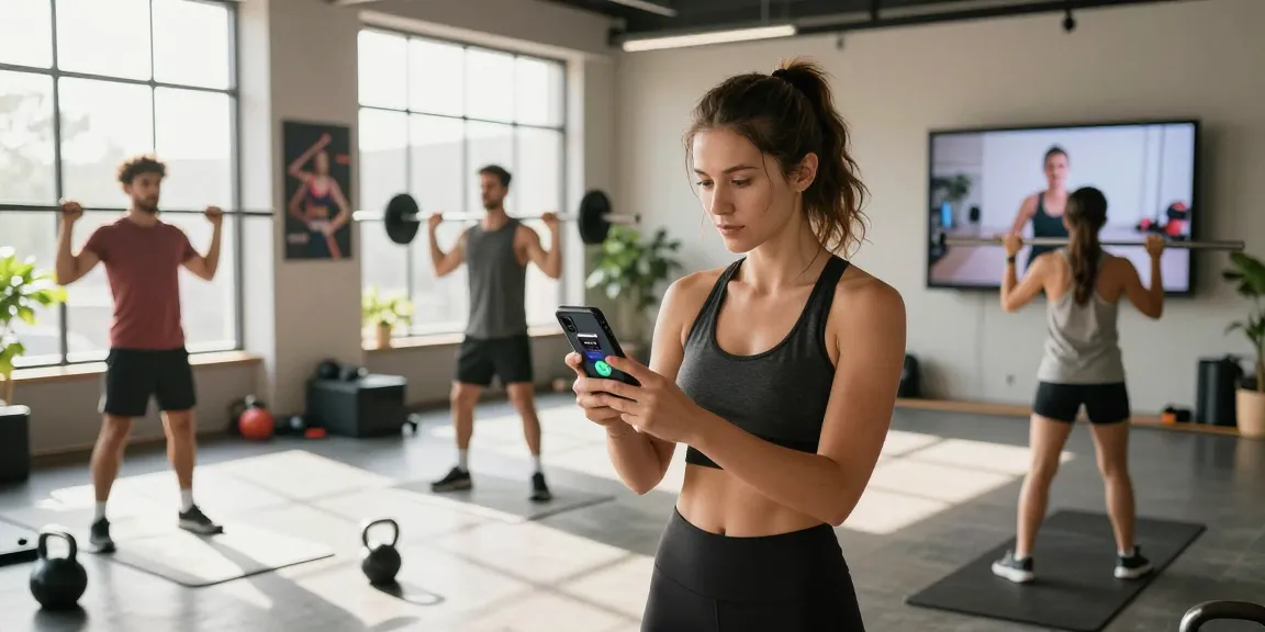 Group at gym using the best calorie tracker for meal logging, vibrant fitness environment.