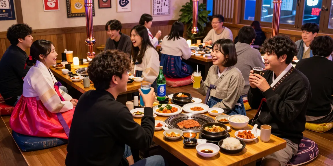Experience the vibrant atmosphere at 상봉동 한국관나이트 with friends enjoying traditional Korean cuisine and drinks.