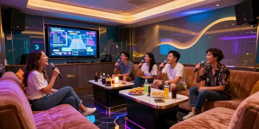 달토 가라오케에서 친구들이 즐겁게 노래 부르는 모습