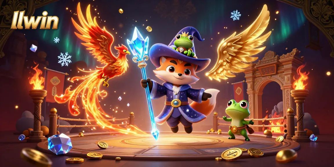Engage with thrilling gaming at llwin, featuring a magical scene of a wizard fox and phoenix in a vibrant casino.