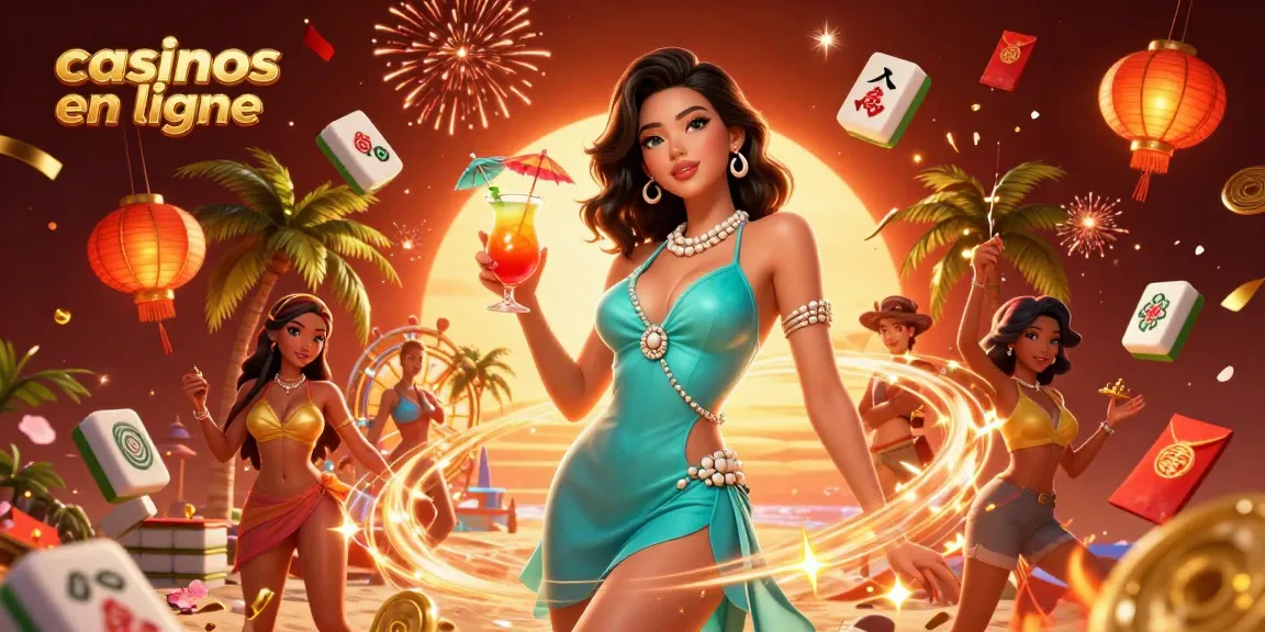 Découvrez le monde vibrant des casinos en ligne avec des joueurs célébrant dans un complexe de plage tropical.