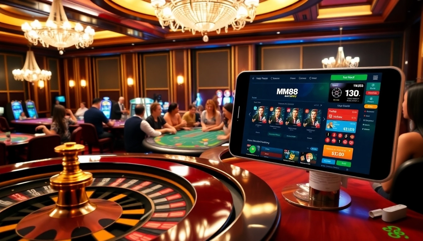 Exciting poker action and slot machines at a luxurious casino, highlighting https://mm88.today/ offerings.