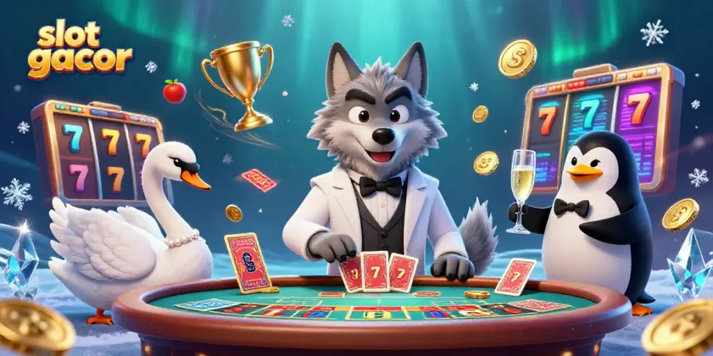 Engaging slot gacor scene featuring a debonair wolf at a baccarat table with dynamic slot reel elements.