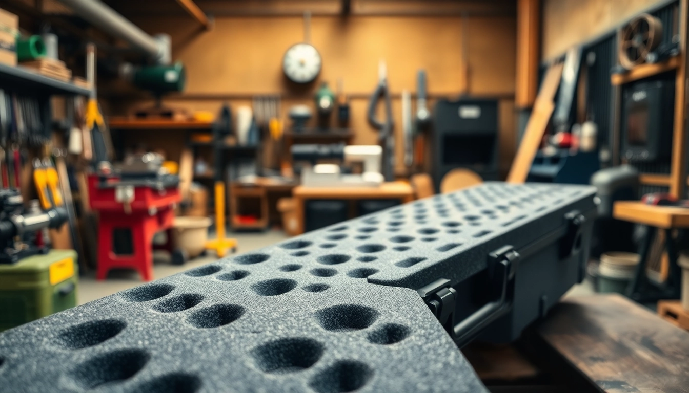 Showcasing foam for rifle case with precision cut and smooth texture in an industrial workshop setting.