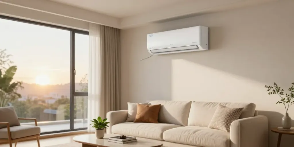 Cozy living room featuring a 24k BTU mini split air conditioning unit providing efficient cooling