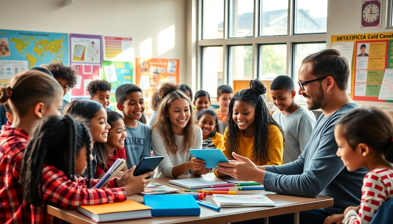 Dynamic education scene with diverse students engaging in collaborative learning activities.