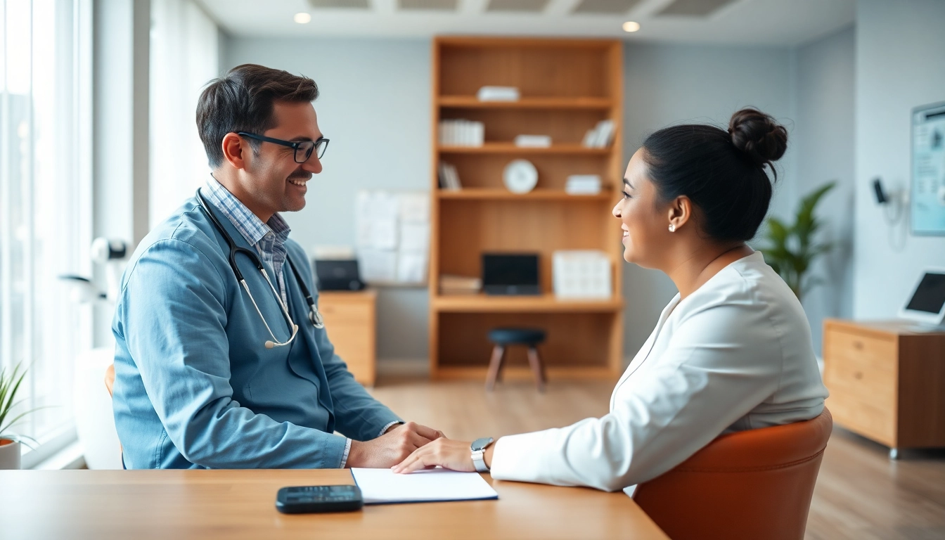 Engaging private GP consultation with doctor and patient in a welcoming clinic environment.