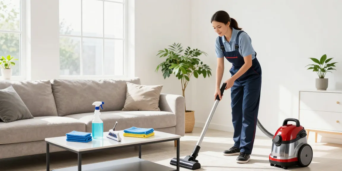 Professional home cleaning service in action at atscleaning.co.uk, featuring a cleaner vacuuming a sofa in a bright living room.