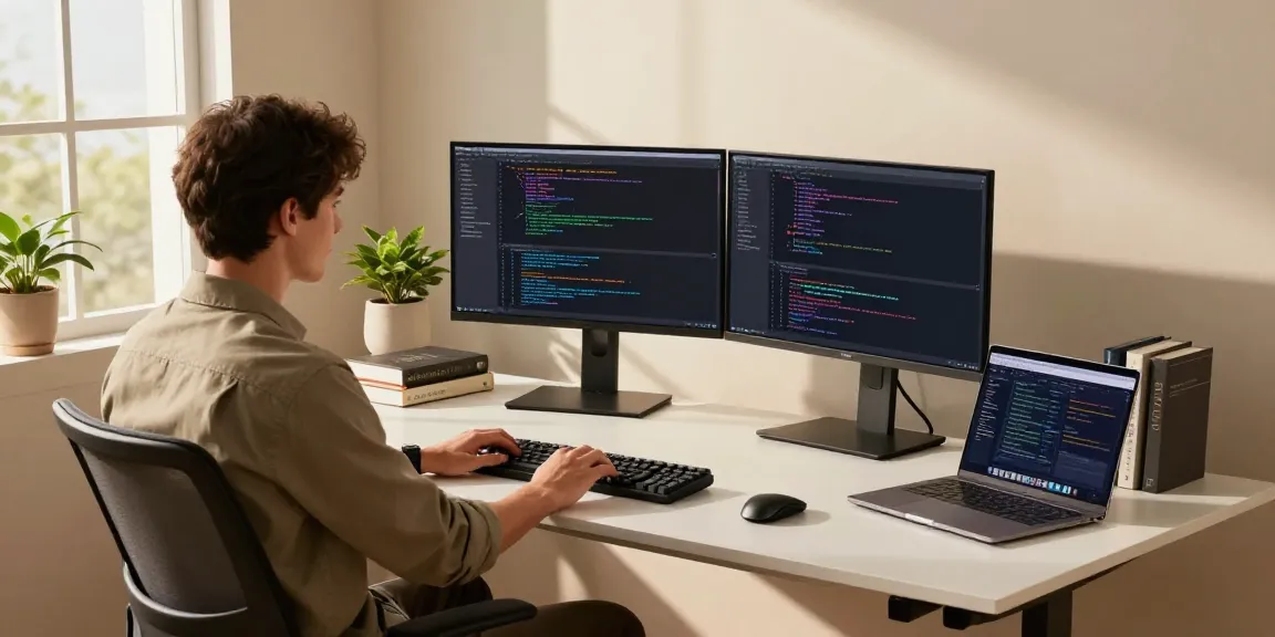 Developer coding at a modern workspace, featuring Notepad++ tools at https://notepad-app.co/.