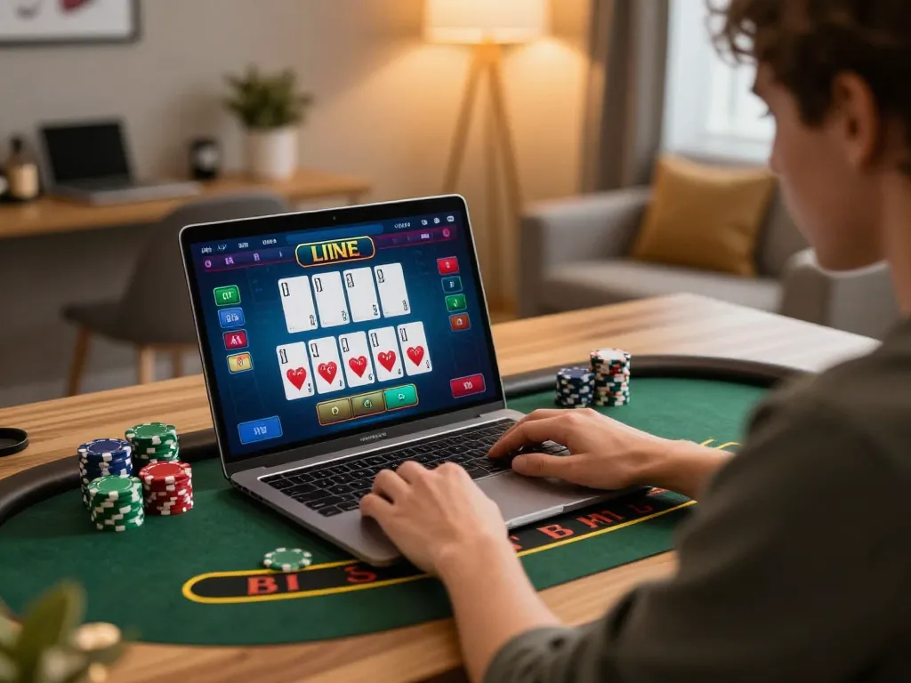 Engaged player enjoying 388bet live dealer blackjack at home, showcasing strategic gameplay.