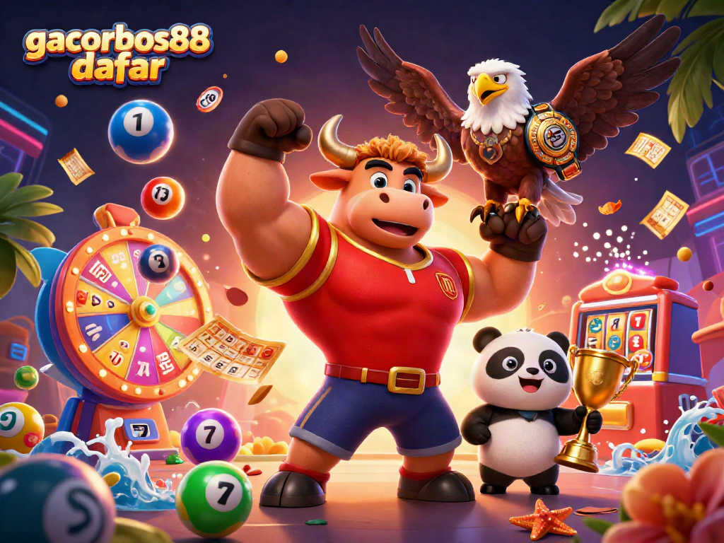 Engage with gacorbos88 daftar in an exciting 3D casino scene showcasing vibrant lottery elements.