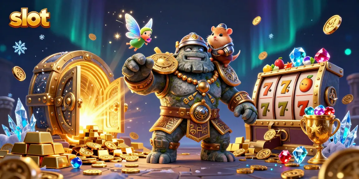 Engage with exciting slot game visuals including reels, gems, and magical characters.