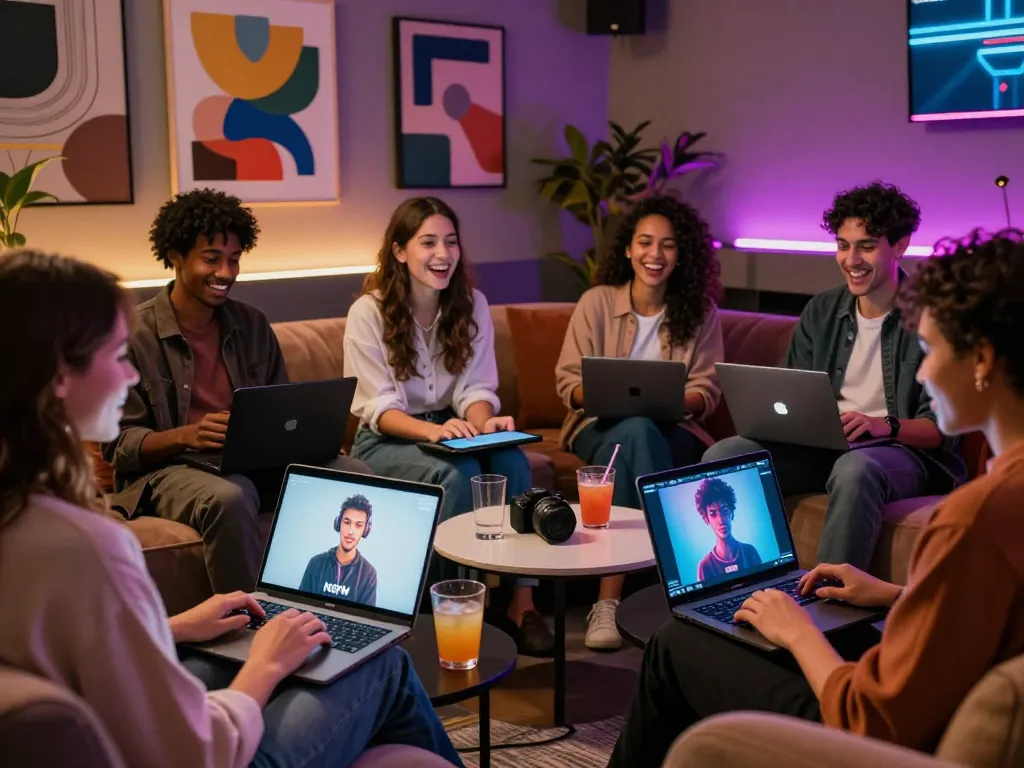 Young adults enjoying engaging NSFW AI interactions in a vibrant lounge atmosphere.