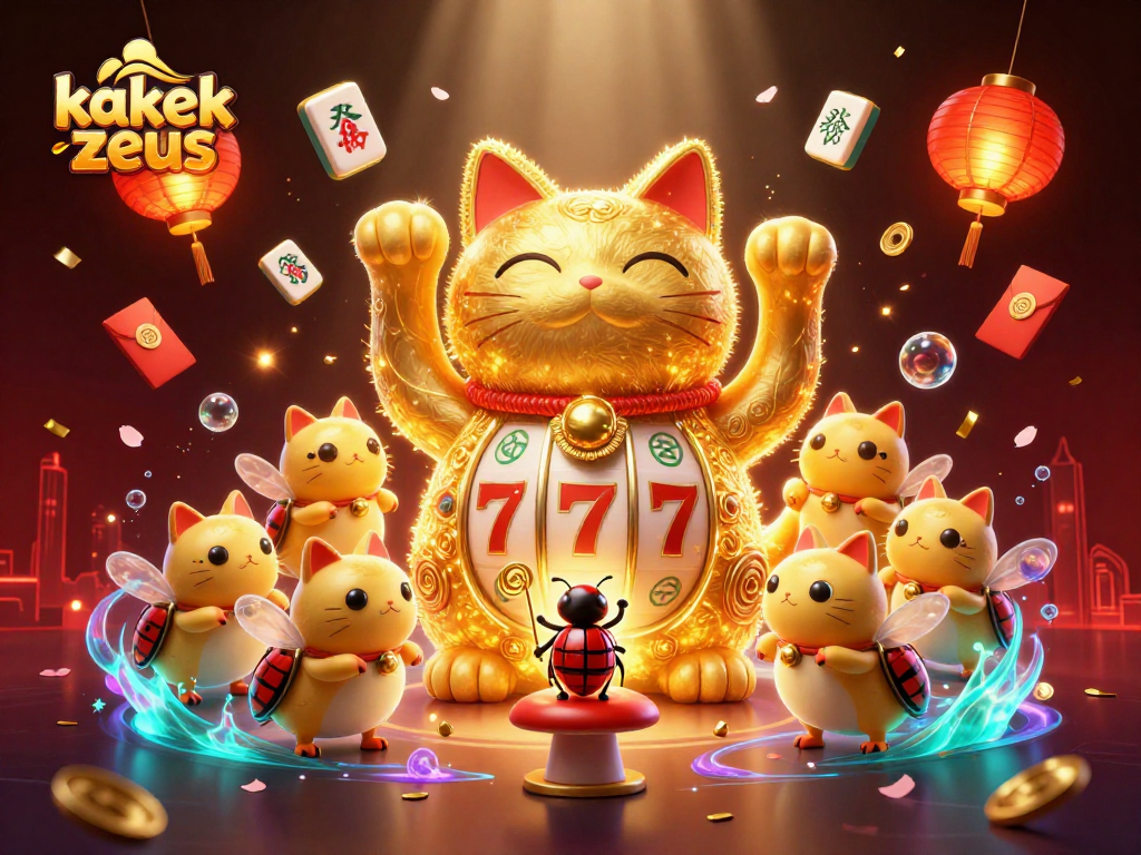 Kakek Zeus waves as a lucky cat amidst vibrant casino symbols, enchanting players with dynamic elements.