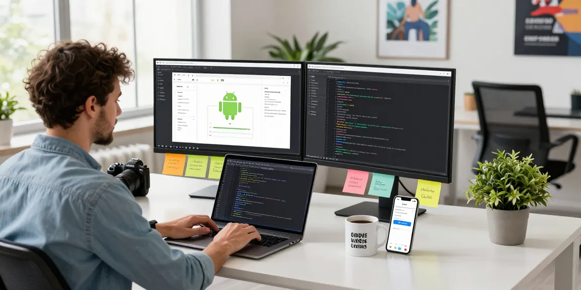 Developer coding to publish Android app on Google Play in a modern workspace with Android Studio open.