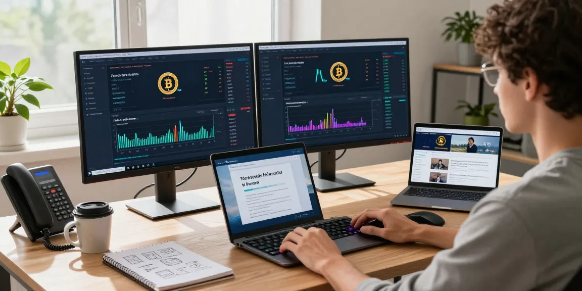 Passive bitcoin mining setup in a modern home office, featuring dual monitors with mining software, educational laptop, and trading tools.