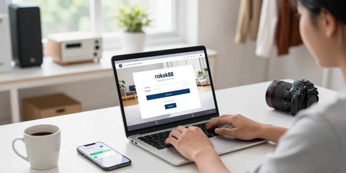 ROKOK88 login screen displayed by a user buying second-hand goods in a modern workspace setting.