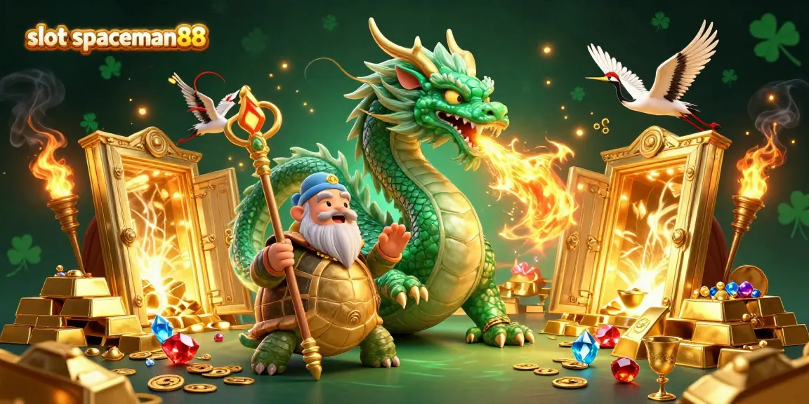 Engage in thrilling gameplay with slot spaceman88 featuring a vibrant scene of mythical creatures and treasures.