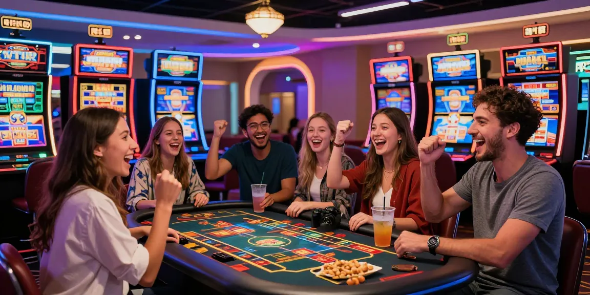 Exciting gaming experience at a credit card casino featuring friends celebrating at https://aisa.org.uk with vibrant lights and slot machines.