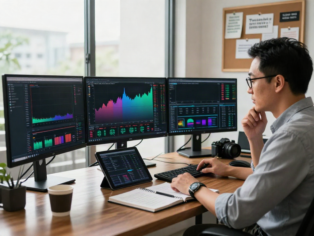 Trader analyzing market charts on TradingView in a modern workspace, focused on financial data.