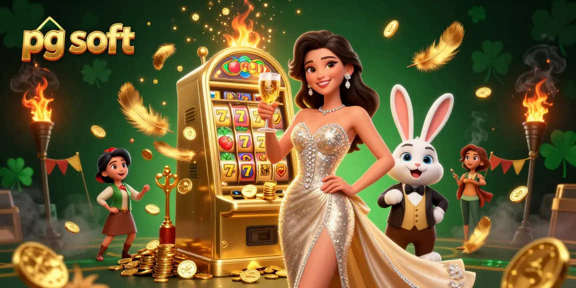 Engaging 3D scene showcasing pg soft, featuring a woman toasting beside a jackpot slot machine with coins.