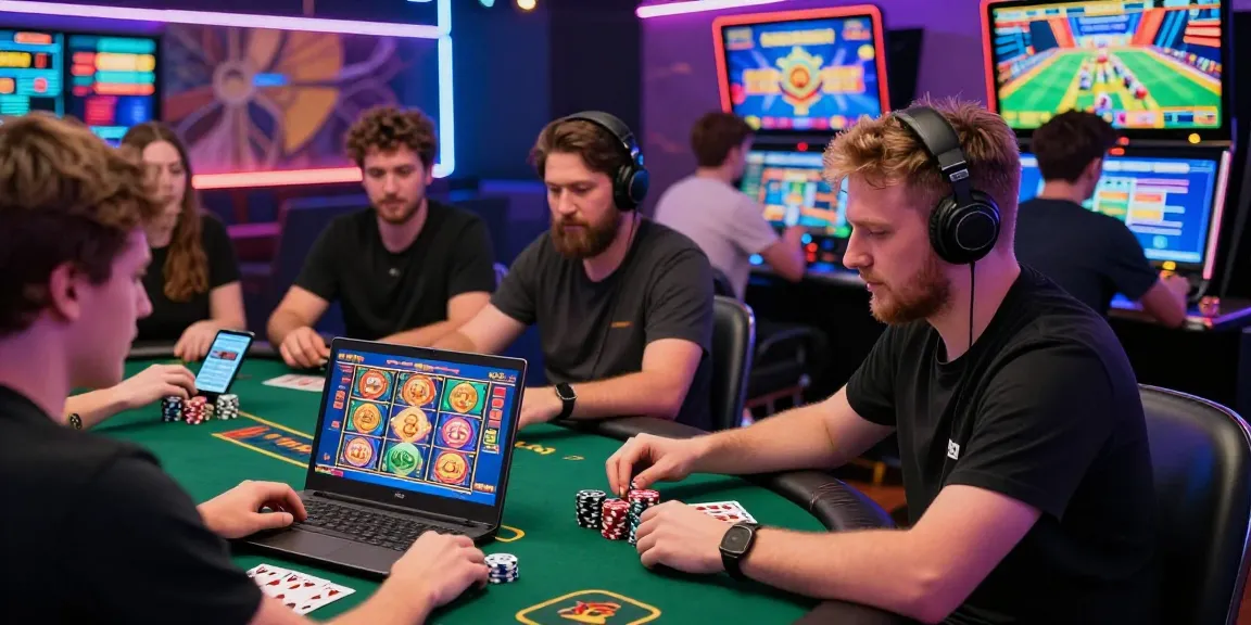 Engaged UK players enjoying gaming at credit card casinos at brcs.co.uk with lively atmosphere and neon lights.