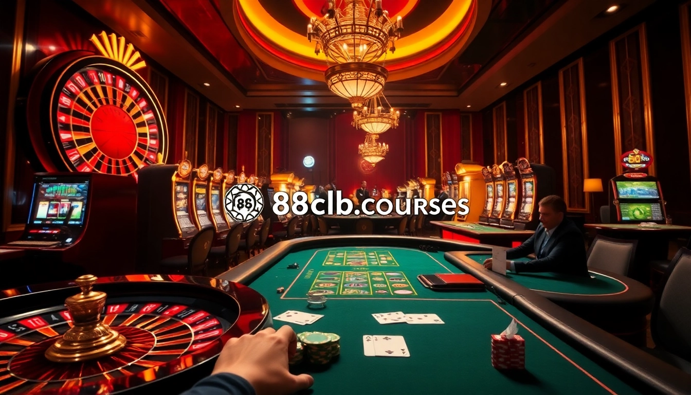 Experience the thrill of betting with 88clb.courses at a vibrant casino filled with action, cards, and chips.