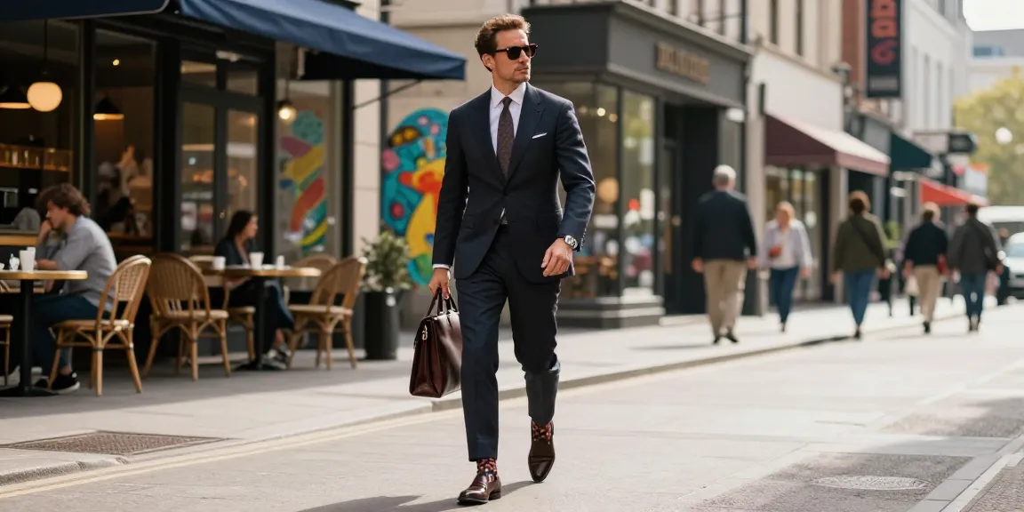 Stylish man in luxury socks walking through an urban setting, showcasing fashion sophistication.
