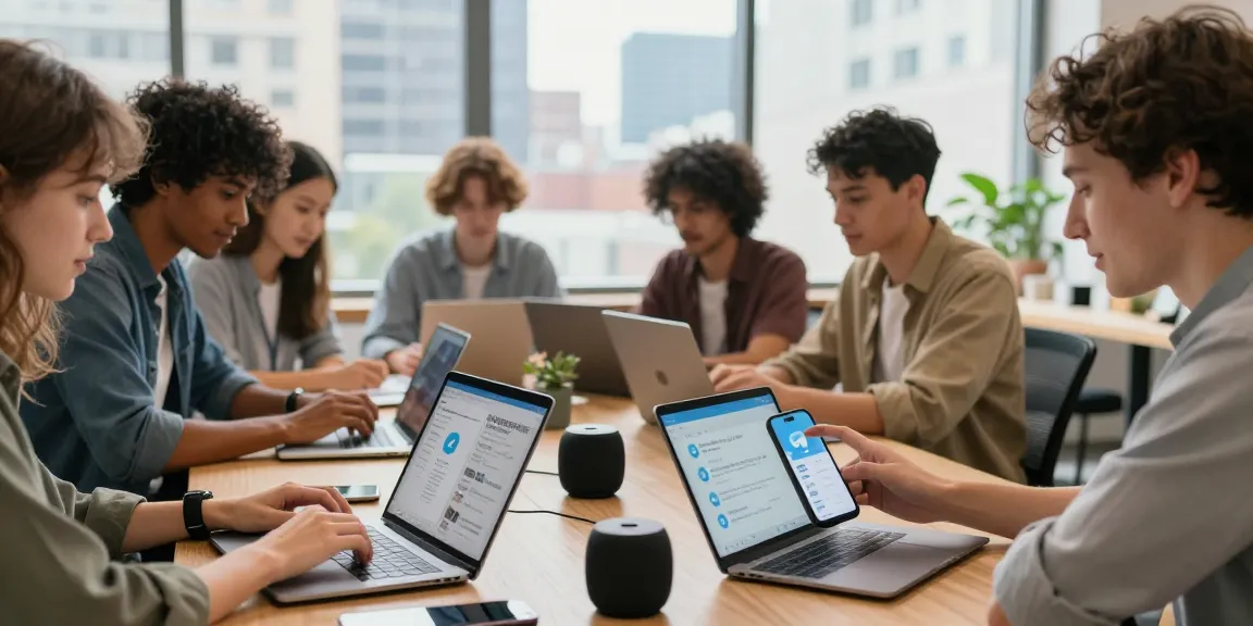 Engaging users configuring telegram中文 on their devices in a modern coworking space.