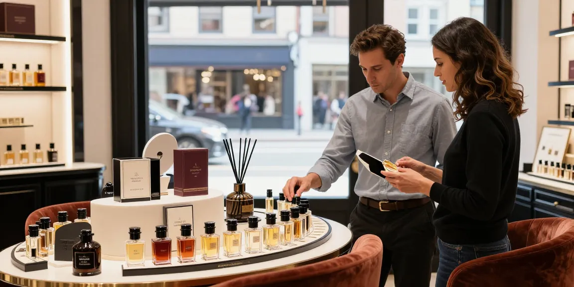 Goldfield & Banks perfume samples showcased in a luxurious boutique setting with engaging shoppers.