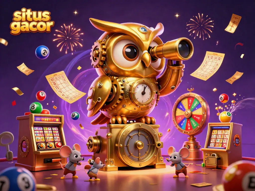 Situs gacor showcases a whimsical casino scene with a golden owl, dynamic lottery elements, and festive confetti