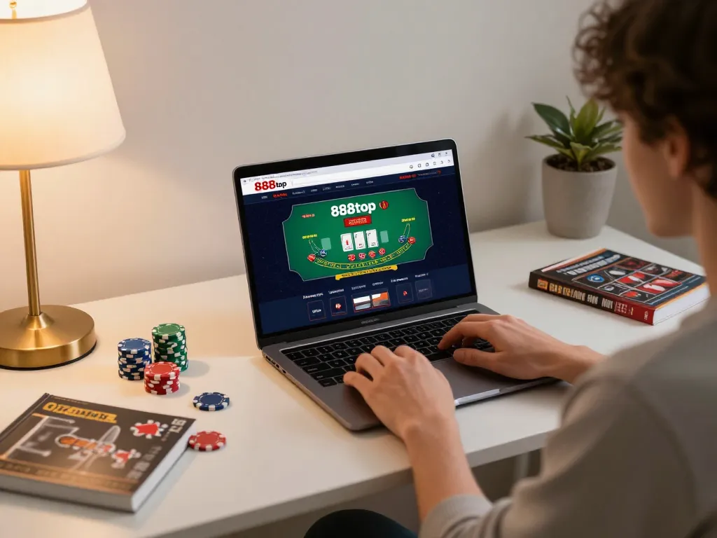 Player enjoying live dealer blackjack on 888top website from a cozy home office setup.