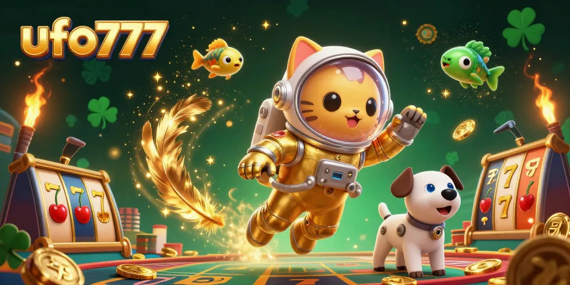 Spin to win with ufo777 in a vibrant casino scene featuring an astronaut cat and robot dog!