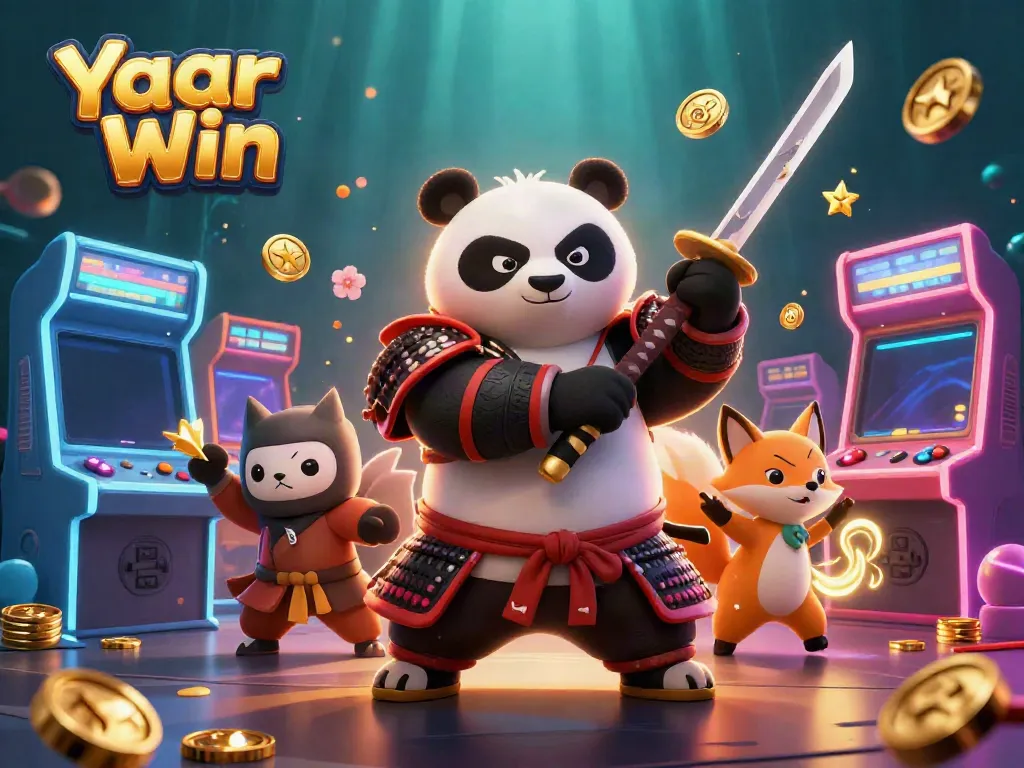 Experience Yaar Win with a dynamic scene featuring a samurai panda and ninja fox in a magical gaming environment.