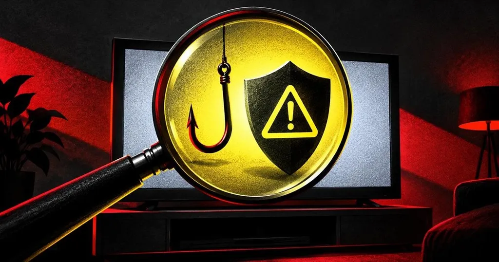 Magnifying glass over a TV with a hook and warning shield, showing IPTV subscription scam warning signs