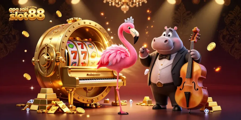 Menampilkan fitur utama dalam permainan slot88 dengan karakter flamingo bernyanyi dan hippo memainkan basa di ruang kasino.